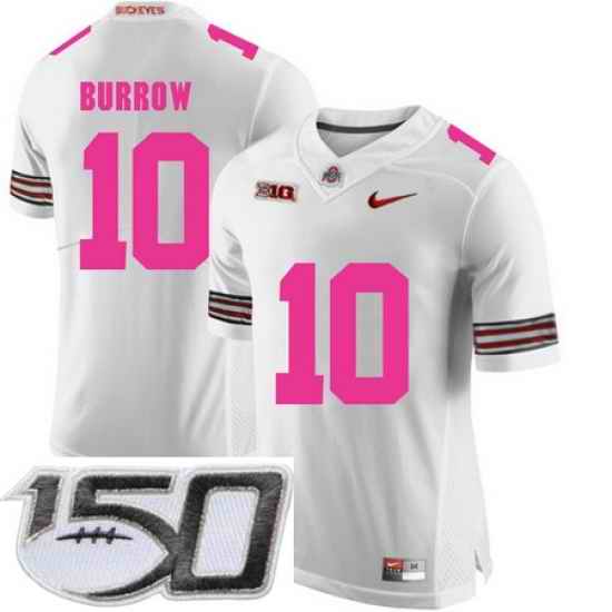 Ohio State Buckeyes 10 Joe Burrow White 2018 Breast Cancer Awareness College Football Stitched 150th Anniversary Patch Jersey